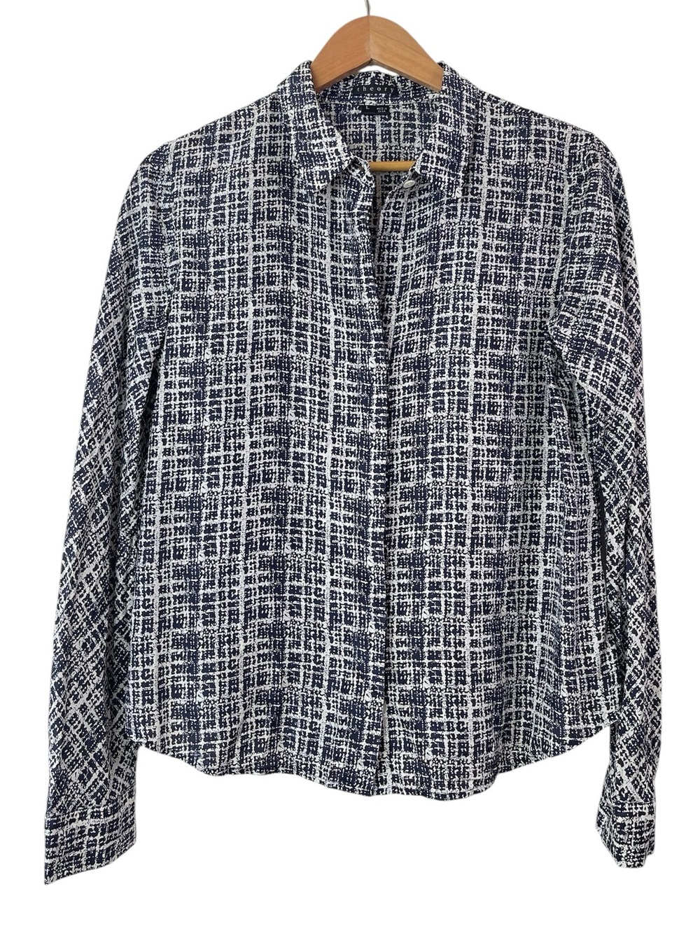 Theory Women’s Biddy Abstract Plaid Silk Long Sleeve Button Front Top Size Large